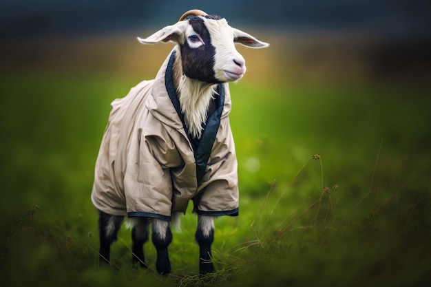 Black and white goat wearing raincoat in grassy field with blurry background Generative AI