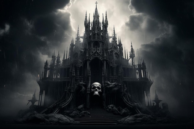 A black and white a gothic gothic cathedral with a skull