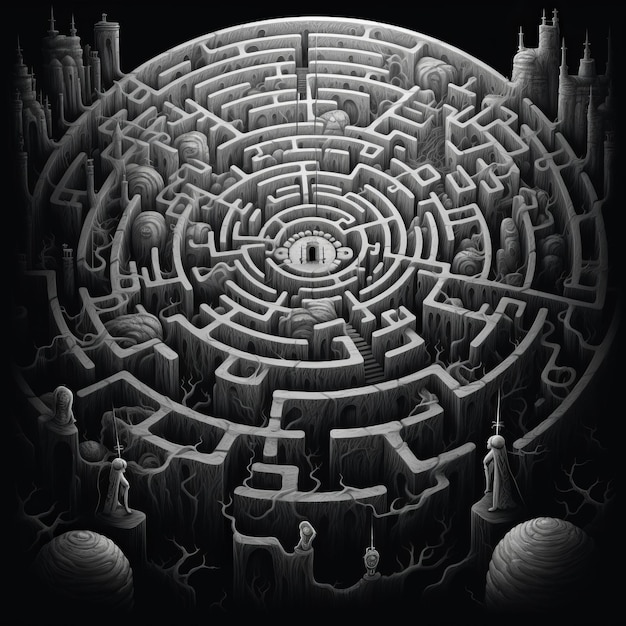 Photo black and white grunge geometric tribal labyrinth surreal style