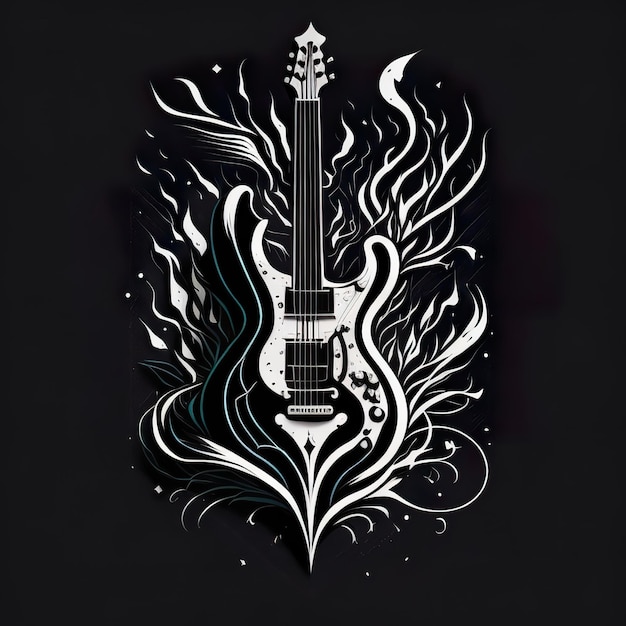Photo a black and white guitar with a black background and leaves.