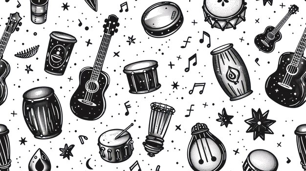 Black and White Guitars and Drums Pattern on a White Background A Musical and Rocking Design