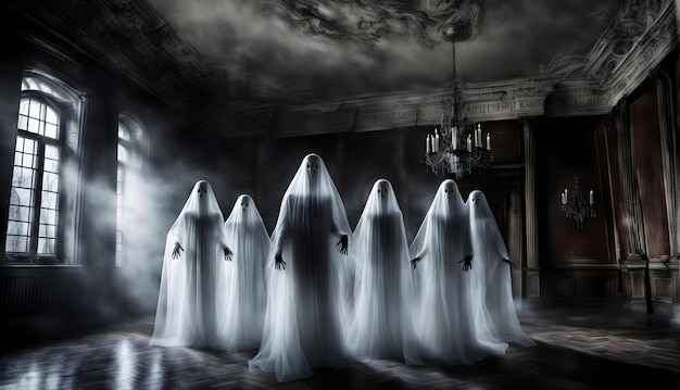 Photo a black and white halloween illustration the woods and dark foggy ghosts highly horror moist