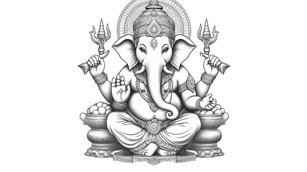 Black and white hand drawing of Lord Ganesha