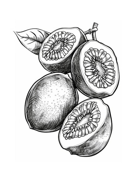 Black and white hand drawn illustration of a Feijoa fruit on a white background