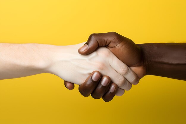 Black and white hand in handshake Handshake between african and a caucasian man helping brotherhood concept