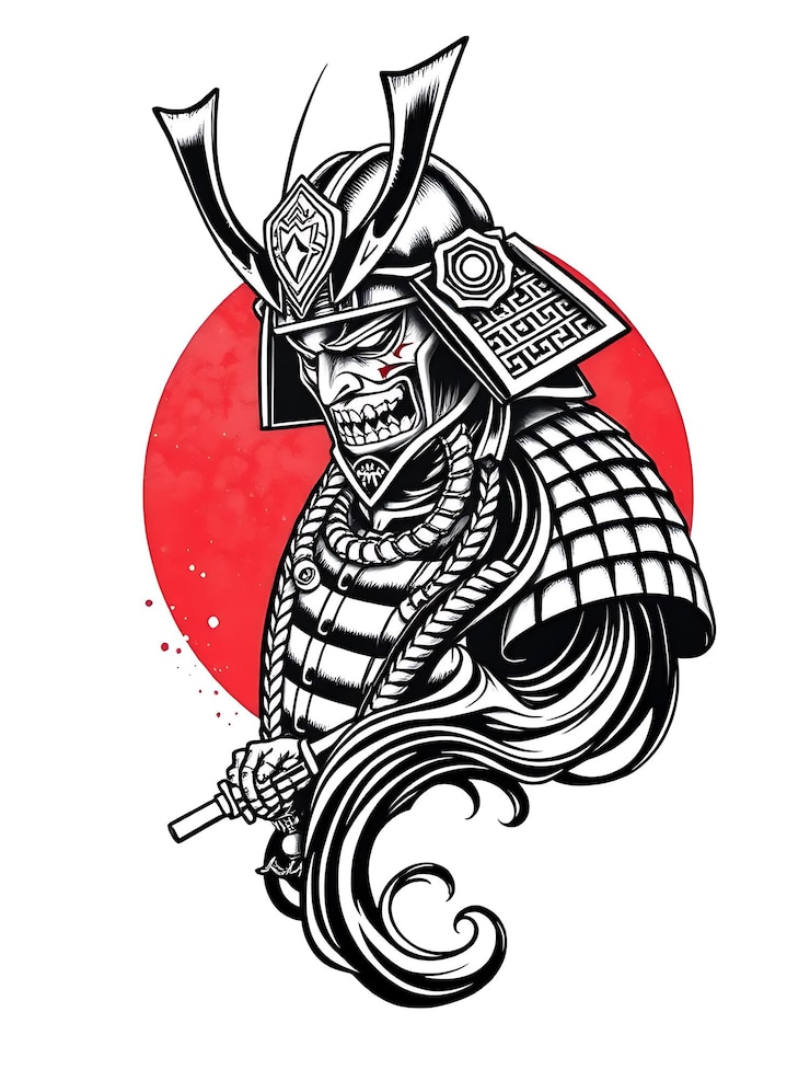 Photo black and white handdrawn illustration of a samurai warrior against a red sun