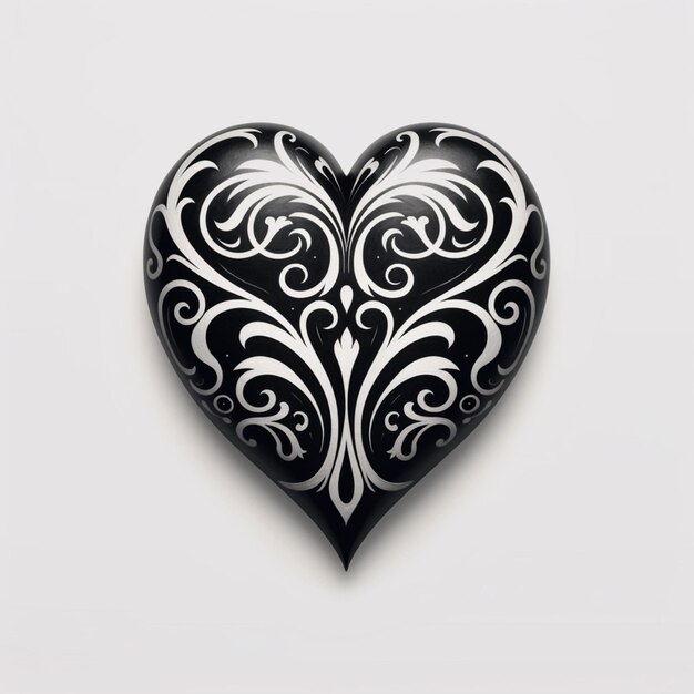 A black and white heart with a floral design on it.