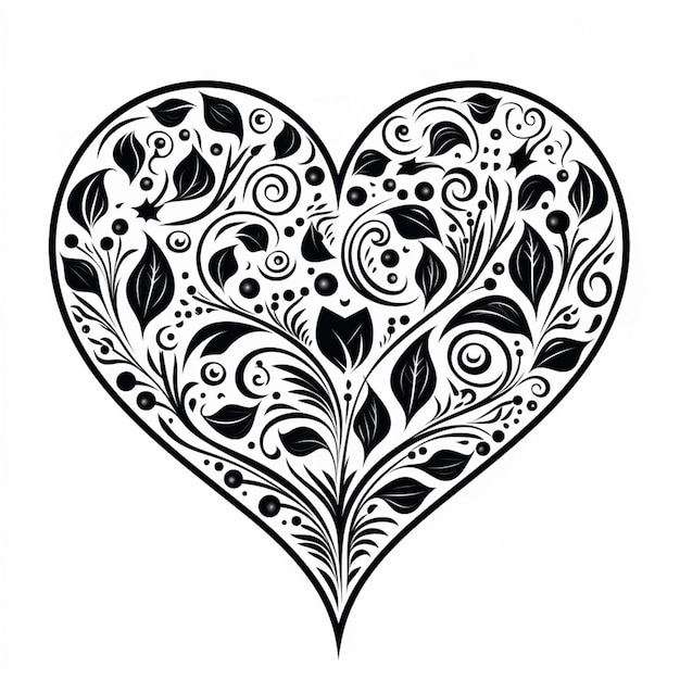 Photo a black and white heart with floral designs on it generative ai