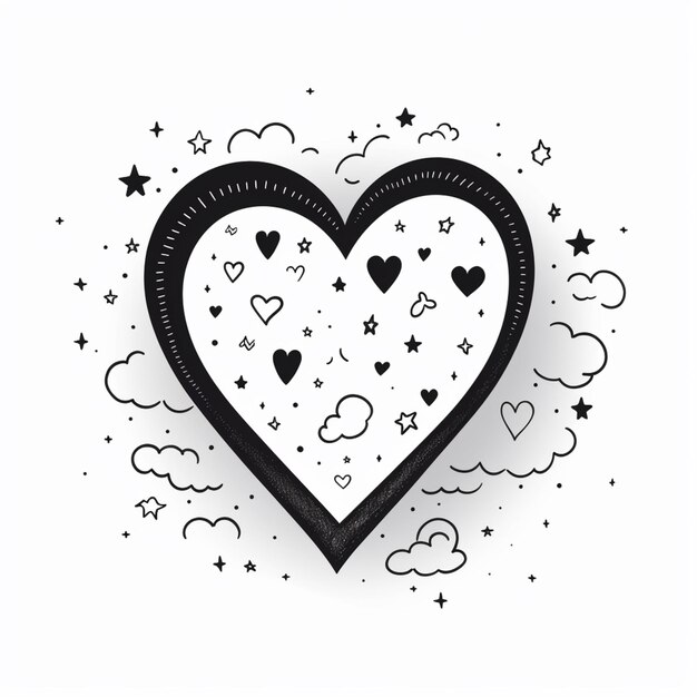 a black and white heart with stars and clouds on a white background generative ai