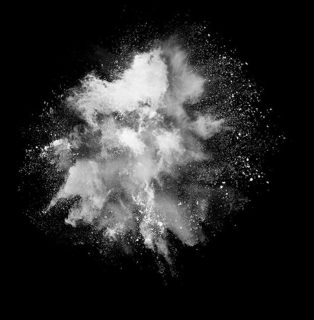 Black and white holi paint powder explosion isolated on black background