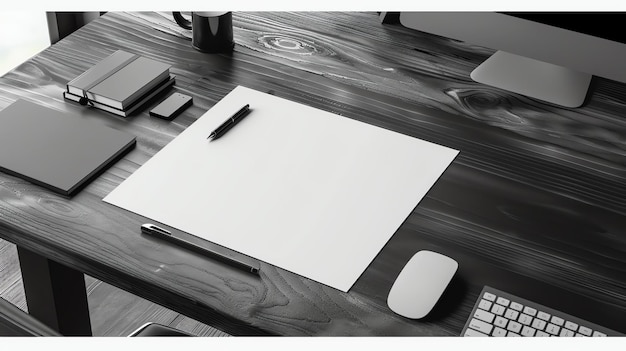 Foto scrivania in bianco e nero con un foglio bianco di carta, penna, tazza di caffè, mouse, tastiera e quaderni