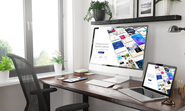 Black and white home office with responsive devices builder website. 3d rendering