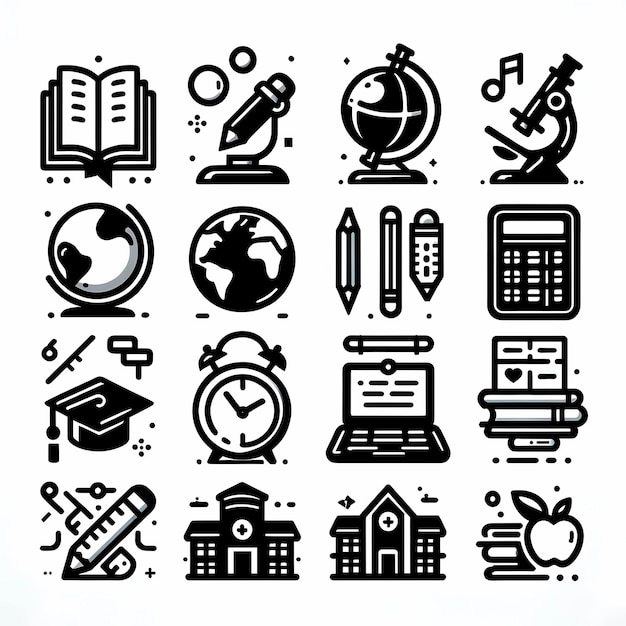 Photo a black and white icon set focused on education