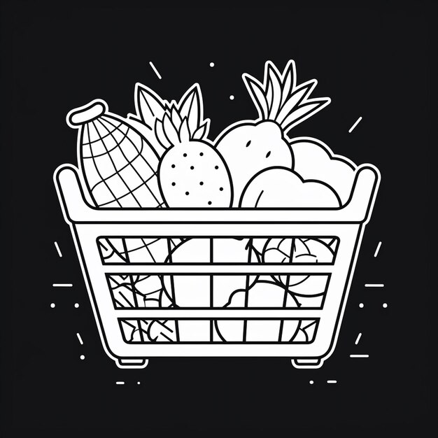 a black and white illustration of a basket of fruit and vegetables generative ai