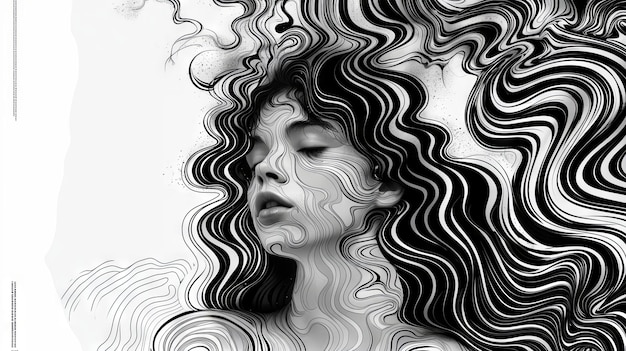 Photo black and white illustration of beautiful womans face with wavy hair