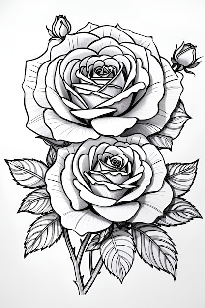 Black and white illustration of a bouquet of roses on a white background