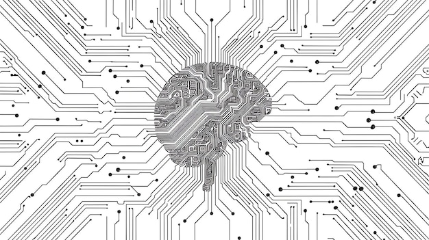 A black and white illustration of a brain made of circuit board traces