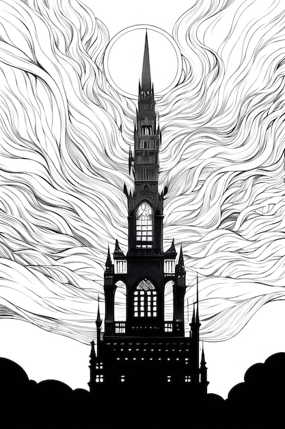 A black and white illustration of a castle with a tower in the background.