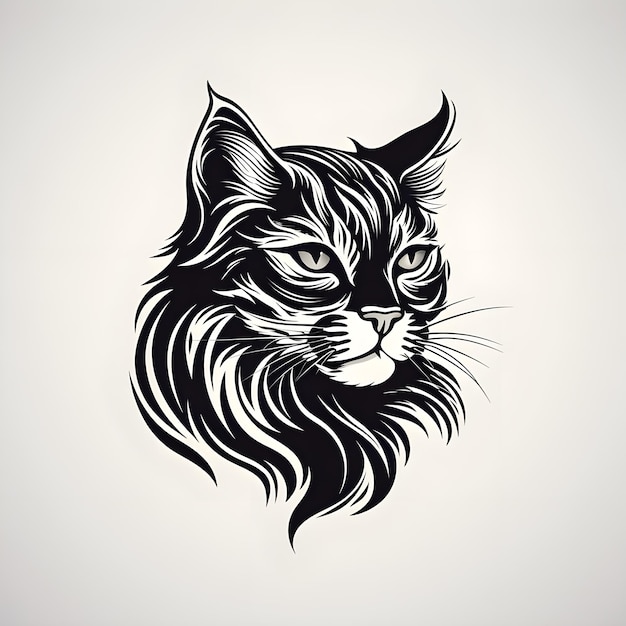 A black and white illustration of a cat with a long mane Generative AI