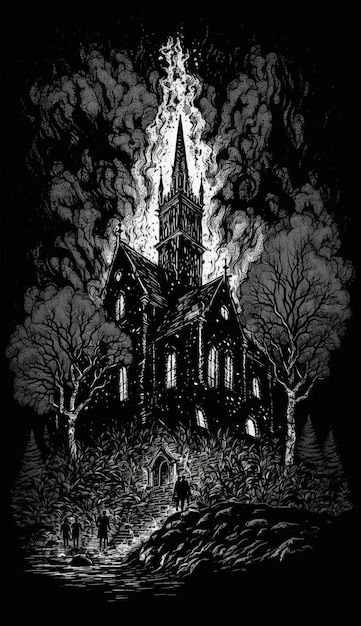 「正面にある教会」という言葉が書かれた教会の白黒のイラスト。