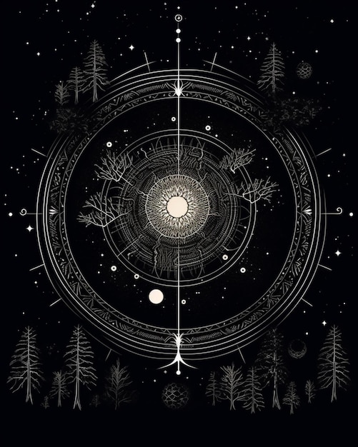 черно-белая иллюстрация круга с солнцем и деревьями, генерирующая искусственный интеллект