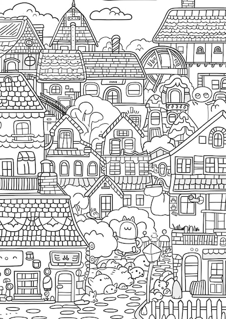 a black and white illustration of a city with a black and white background