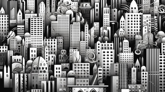 Foto un'illustrazione in bianco e nero di una città con una grande città sullo sfondo.