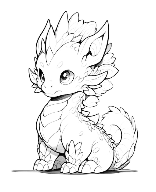 Black and white illustration for coloring animals baby dragon Selective soft focus