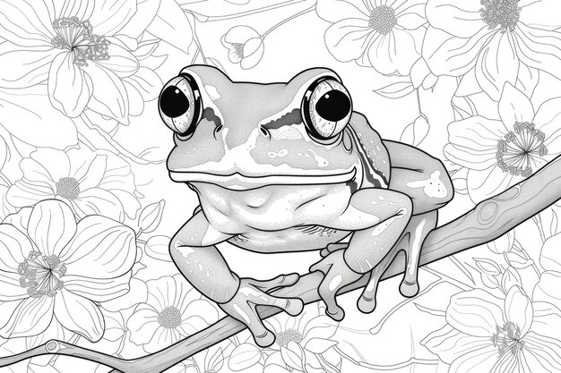 Black and white illustration for coloring animals frog