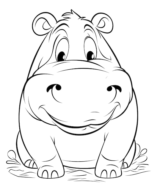 Photo black and white illustration for coloring animals hippopotamus selective soft focus