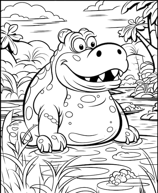 Black and white illustration for coloring animals hippopotamus Selective soft focus