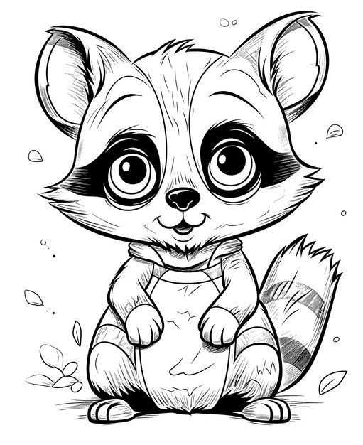 Photo black and white illustration for coloring animals raccoon selective soft focus