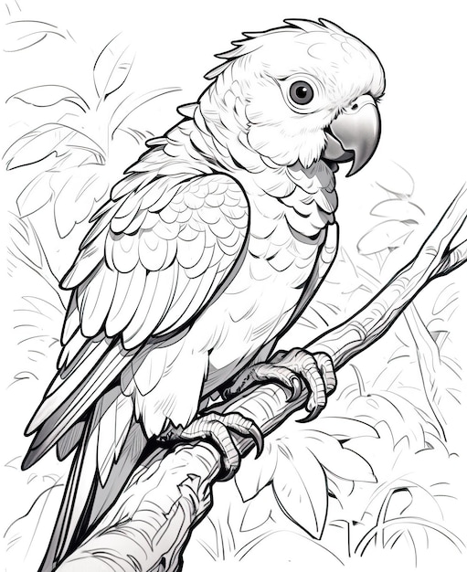 Black and white illustration for coloring birds parrot Selective soft focus