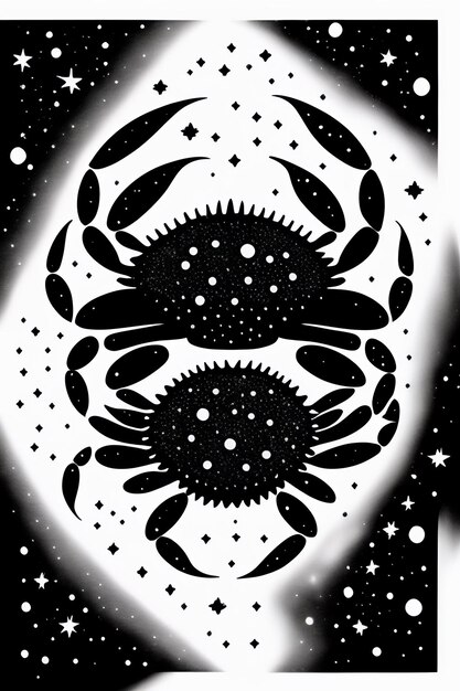 A black and white illustration of a crab with stars and the words " crab " on it.