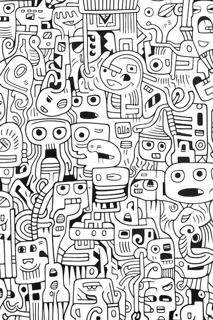 A black and white illustration of a crowd of robots.