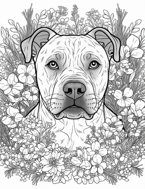 Black and white illustration of a dog in flowers.