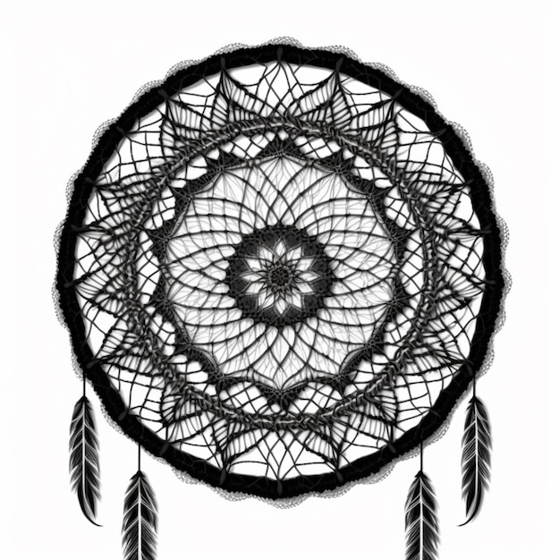 A black and white illustration of a dream catcher with feathers on it.