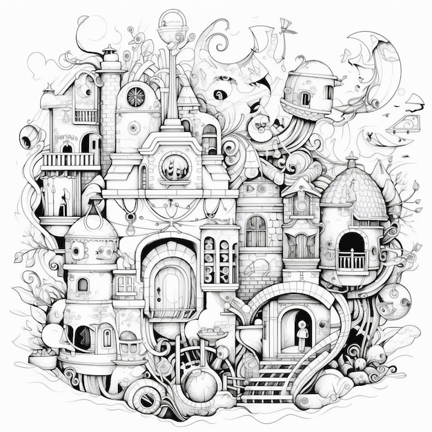 Black and white illustration of fairyland medieval castle for coloring