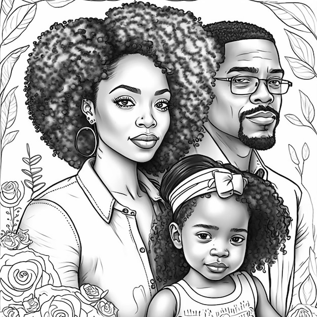 A black and white illustration of a family with a girl wearing a shirt that says'i'm a black family '