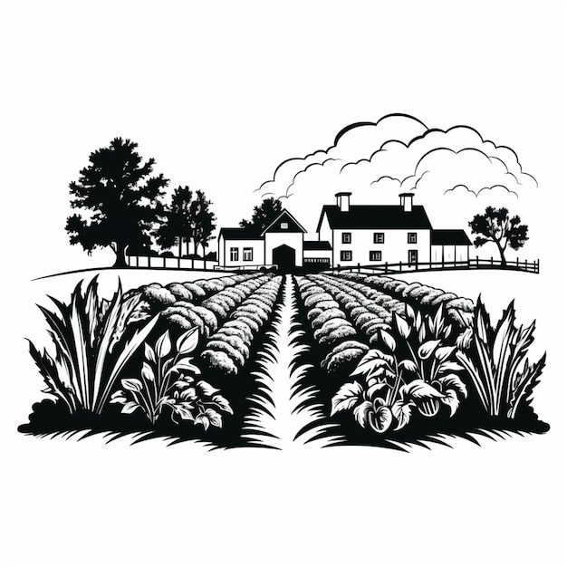 a black and white illustration of a farm with a house and fields generative ai