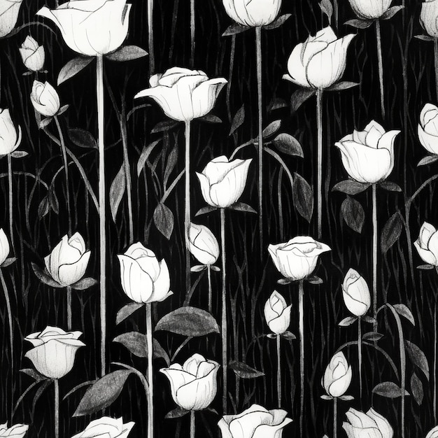 A black and white illustration of a field of roses.