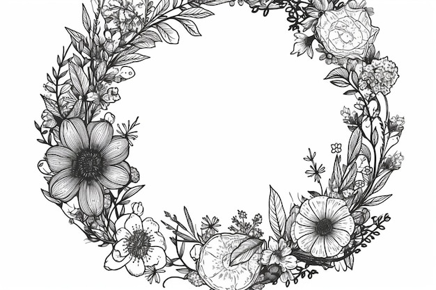 A black and white illustration of a floral frame.