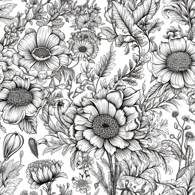 A black and white illustration of flowers and leaves.