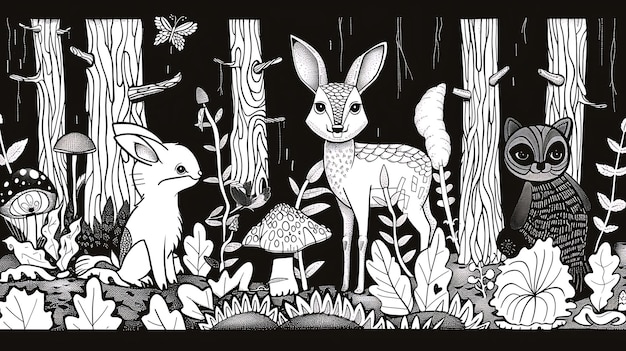 A black and white illustration of a forest with a deer a rabbit a raccoon and an owl