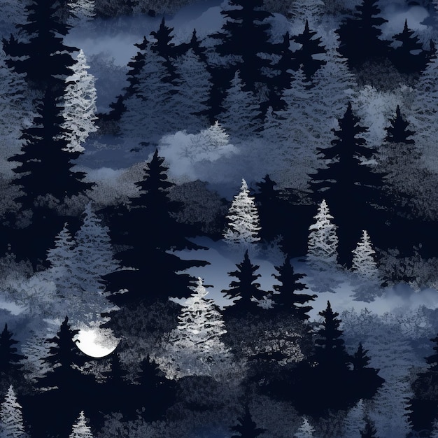 A black and white illustration of a forest with a full moon in the background.