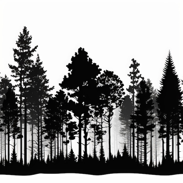 A black and white illustration of a forest with pine trees.