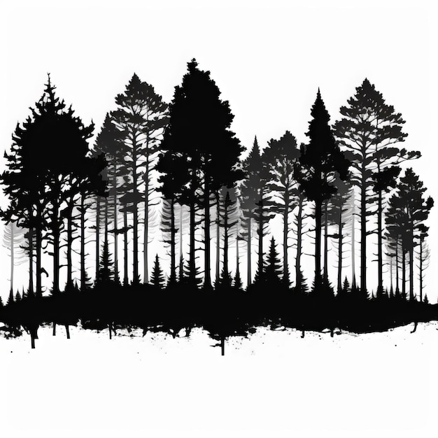 Foto un'illustrazione in bianco e nero di una foresta con alberi in primo piano.