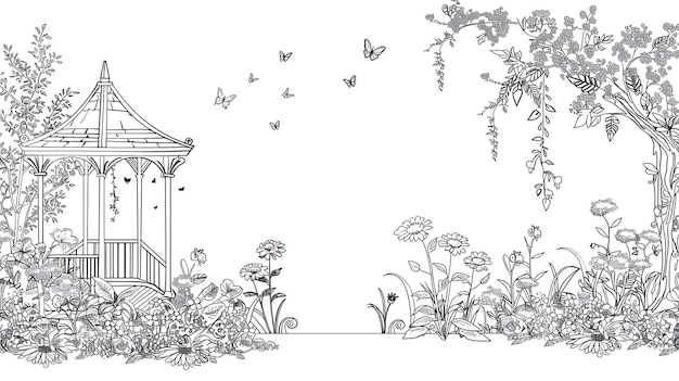 a black and white illustration of a garden with a gazebo the gazebo is surrounded by flowers and plants