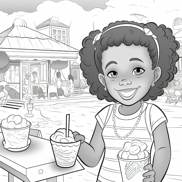 Photo a black and white illustration of a girl holding ice cream cones.