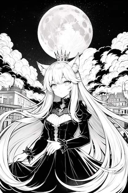 A black and white illustration of a girl wearing a crown and a crown.